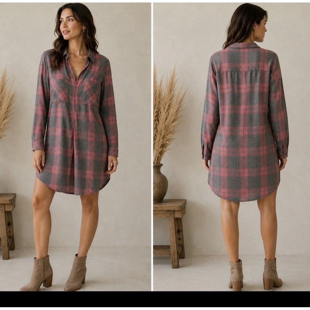 Anthropologie Cloth & Stone Gray Plaid Flan Shirt Dress Western Grunge Boho Sz S